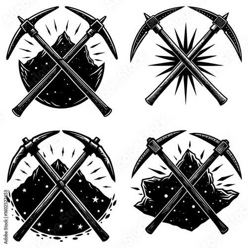 Four black and white vintage illustrations featuring crossed pickaxes with mountain and star backgrounds