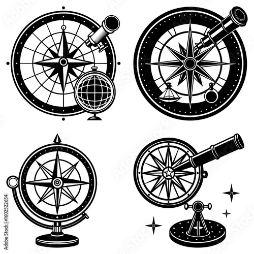 Collection of vintage nautical themed compasses globes and telescopes in black and white style art