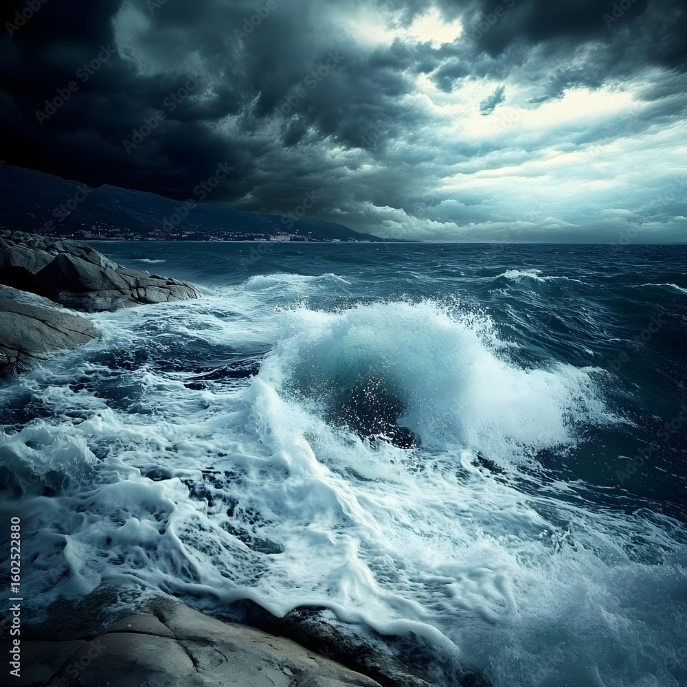 Fototapeta premium Dramatic stormy sea with crashing waves and dark clouds