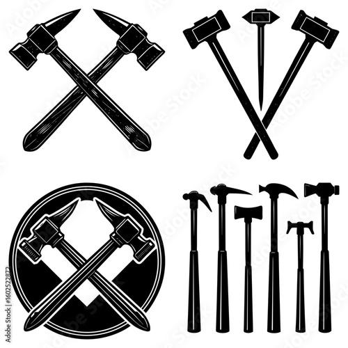 Collection of various hammer types in black and white illustration with crossed hammer designs included