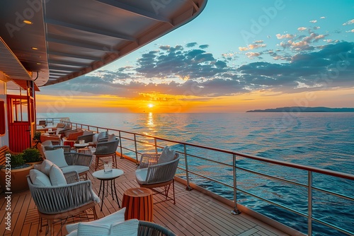 A beautiful outdoor seating area on the cruise shipâ€™s deck, with guests enjoying drinks while watching the sunset over the horizon. 