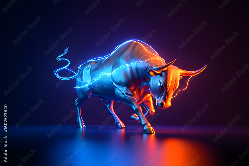 Obraz premium Flaming bull on a dark background, a fierce wild animal illustration with fiery wings, symbolizing power and untamed nature