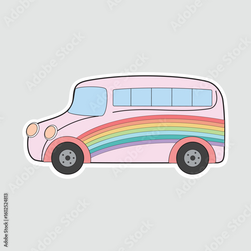 Rainbow Bus Vector Illustration Sticker. Cute pink bus with rainbow stripes in a flat cartoon style. Perfect for kids’ designs, travel themes, or educational projects
