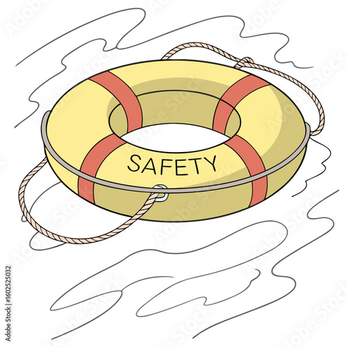 A clear and reassuring illustration of a lifebuoy, or life ring, floating on gently rippling water. The yellow and red life preserver prominently features the word SAFETY
