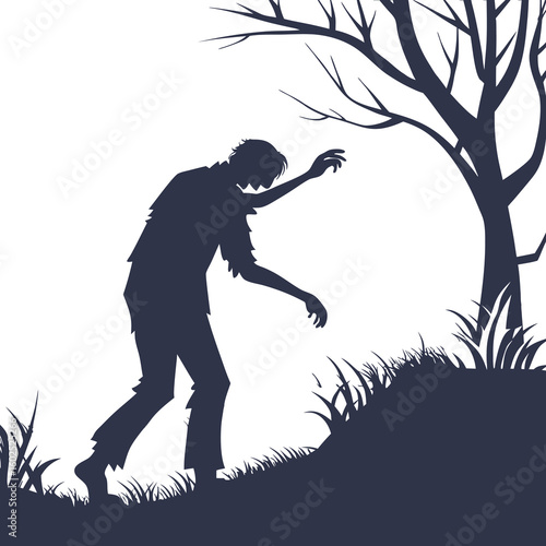 Silhouette of Creeping Zombie in Spooky Landscape with Bare Tree