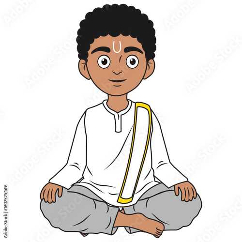 Young Indian Boy Meditating Traditional Attire Vector