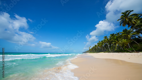 Wallpaper Mural Idyllic Tropical Beach Scene Turquoise Water White Sand Palm Trees Blue Sky Sunny Day Caribbean Torontodigital.ca