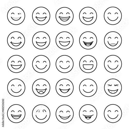 Collection of Black Outline Smiley Face Emoticons with Various Expressions