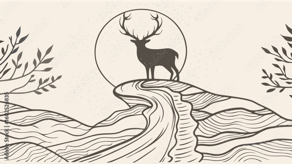 Fototapeta premium A deer stands atop a cliff with a waterfall in front of a sun with trees on either side drawing silhouette