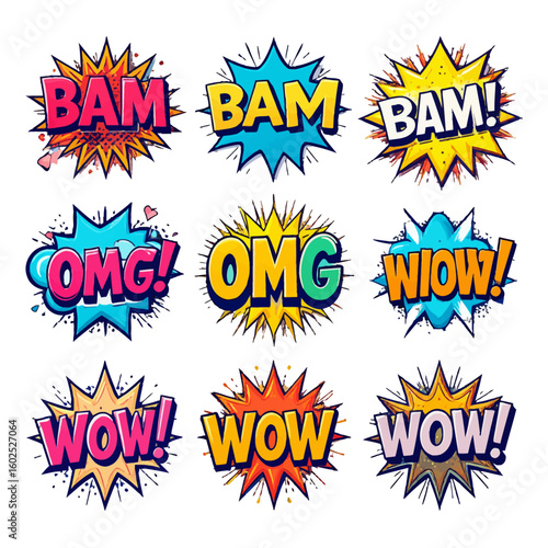 Comic Style Speech Bubbles with Exclamations: BAM, OMG, and WOW in Vibrant Colors