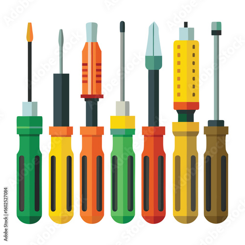 Flat Vector Set of Colorful Screwdrivers with Various Tips
