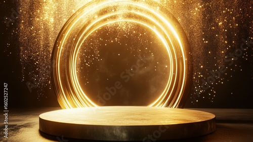 podium for the product, lighting and golden particle effects 