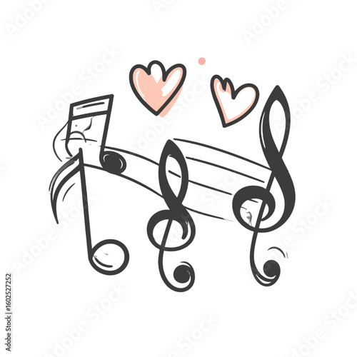 Whimsical Music Notes with Hearts, Hand-Drawn Style, Black and Pink Accents