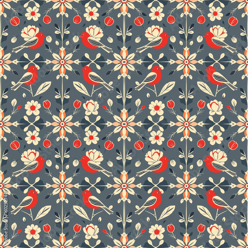 A charming Nordic folk pattern in clean line art style, featuring traditional floral motifs and stylized birds.