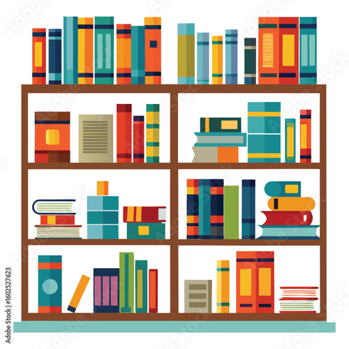 Colorful Bookshelf with Stacked Books in Flat Vector Style
