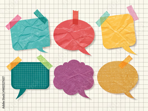 Colorful crumpled paper speech bubbles taped to lined background