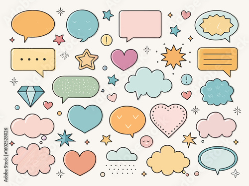 Collection of hand drawn speech bubbles and icons in pastel colors