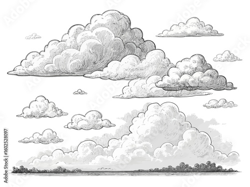 Collection of hand drawn sketch clouds in various shapes and sizes