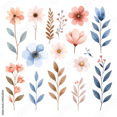 Elegant watercolor floral collection with delicate pink, blue, and peach flowers and botanical leaves.