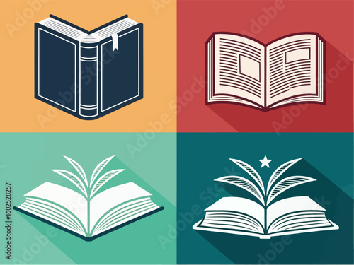Four stylized open and closed books with long shadows in a flat design