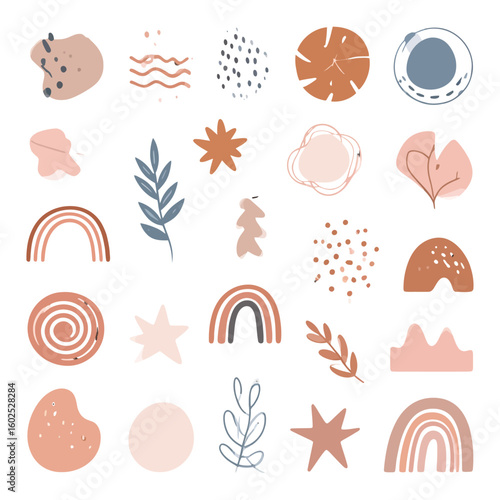 Collection of Abstract Shapes and Botanical Elements in Earthy Tones, Hand-Drawn Style