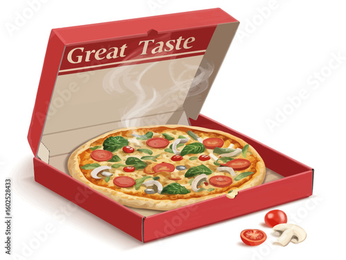 Deliciously topped pizza in a red open takeaway box with great taste label
