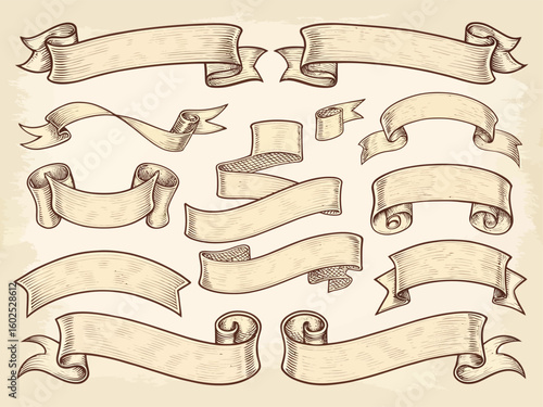 Collection of vintage hand drawn banners and ribbons in a sketched style