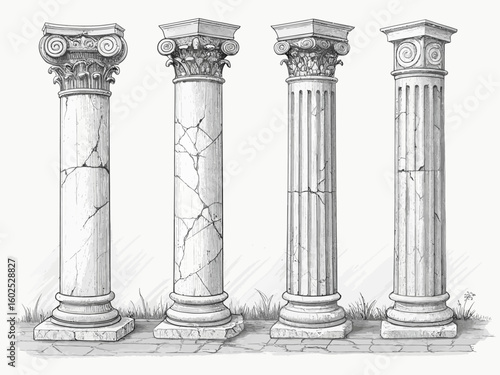 Four ancient greek corinthian columns in a row on a white background