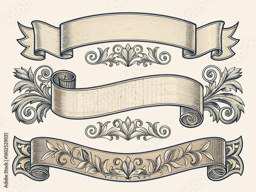 Vintage ornate ribbon banners with decorative floral elements and scrollwork