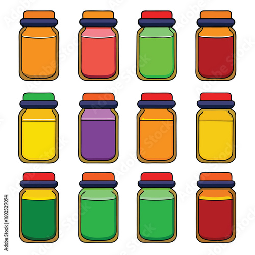 Set of Colorful Cartoon Jars with Dark Lids in Flat Style
