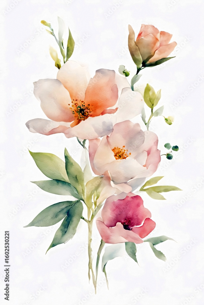 Obraz premium Delicate watercolor floral bouquet with pastel petals and green leaves, isolated on white