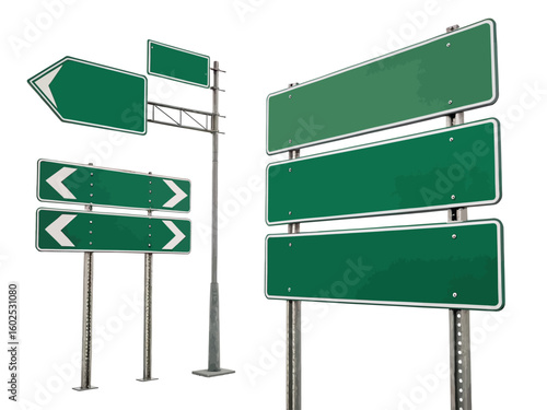 Blank green road signs pointing in different directions isolated on white background