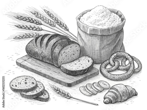 Artistic sketch of freshly baked bread flour wheat and pastries