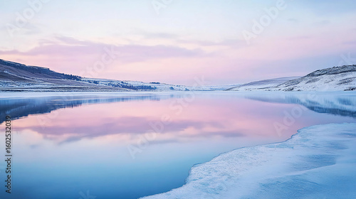A frozen lake reflecting the sky's pastel gradient