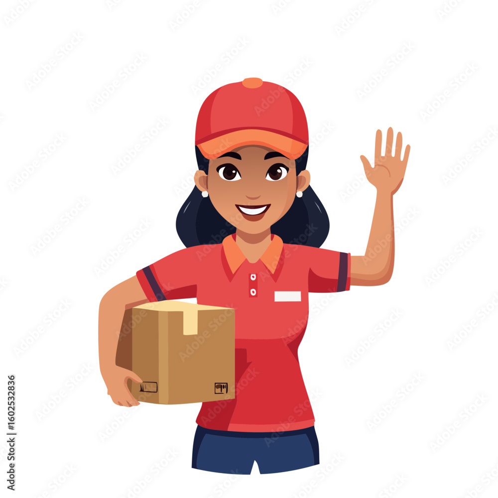Cartoon delivery worker holding a package wearing a uniform and hat Cartoon delivery worker holding a package wearing a uniform and hat