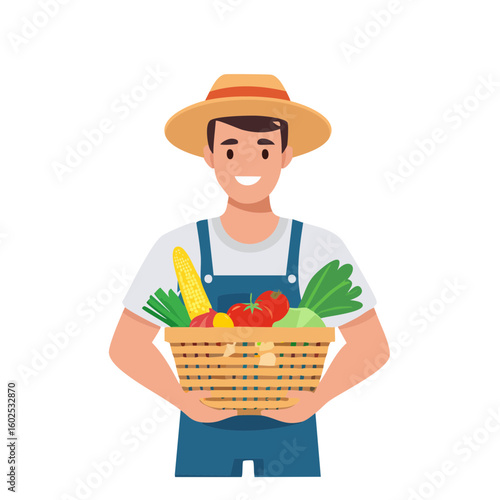 Fresh Harvest: A smiling farmer holds a basket brimming with fresh, vibrant, and organic produce, embodying the essence of sustainable agriculture and healthy eating.