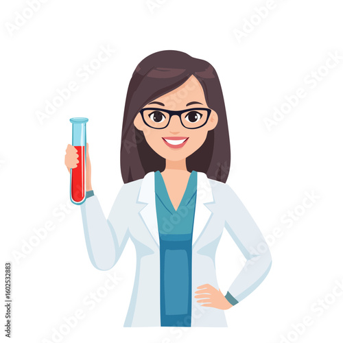 Scientist with Test Tube: A female scientist, radiating intelligence and confidence, holds up a test tube with a sanguineous fluid, exemplifying the spirit of scientific research and discovery.