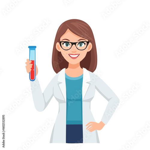 Smart Scientist and Test Tube: A confident and intelligent female scientist holds a test tube with a red substance, representing research, innovation, and scientific progress.
