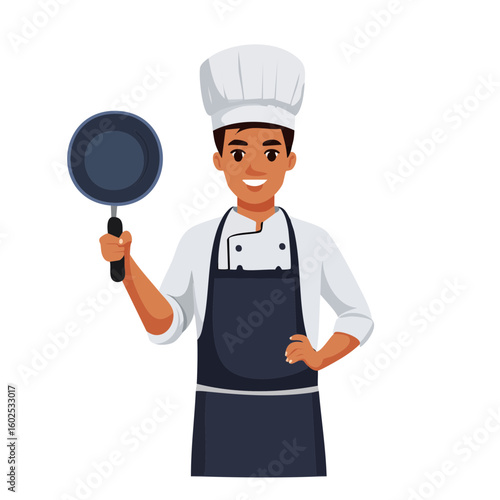Culinary Maestro: A culinary professional, dressed in a chef's attire, confidently displays a pan, embodying the art of cooking and culinary expertise.