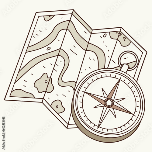 A classic, hand-drawn style illustration featuring an open, textured map with contour lines and a traditional compass placed on top. 