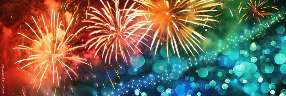 Fototapeta premium Vibrant fireworks display celebrating bulgaria independence day. Horizontal banner. Copy space. Flag of Bulgaria and fireworks