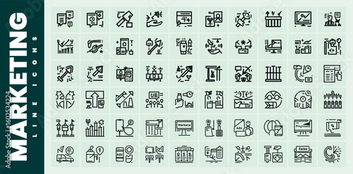 Minimalist marketing line icons representing business strategies and advertising methods