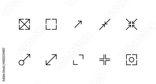 maximize and minimize line Arrows icon set, Interface icons set, minimal line symbols for screen resizing and alignment, maximize and minimize icons, editable stroke, vector illustration.