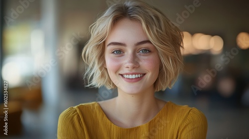 Young woman with wavy blonde hair in bright space