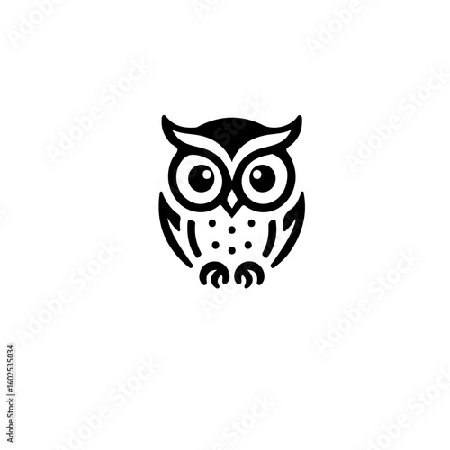 A simple black and white illustration of a stylized owl with large round eyes design