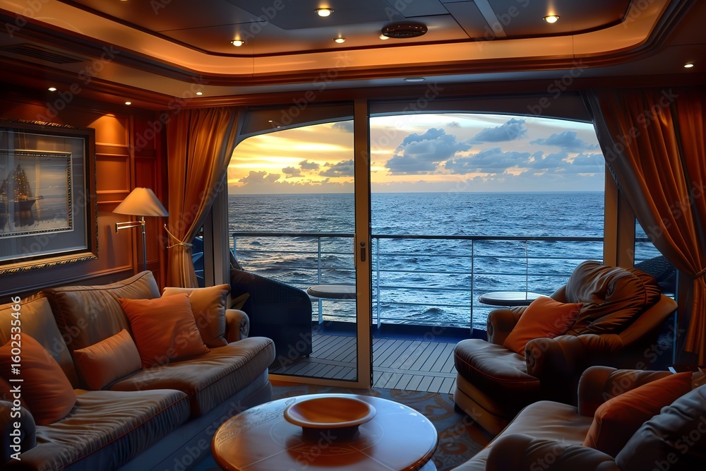 Fototapeta premium A view from a luxurious cruise ship suite, showcasing the plush interior and stunning ocean views from the balcony