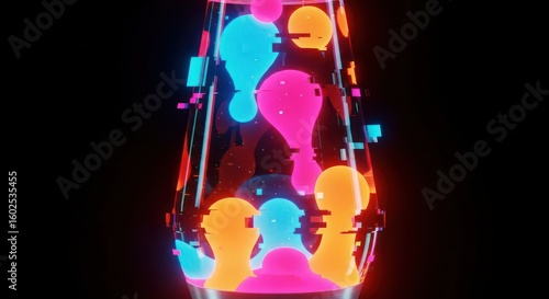 Colorful lightbulb shapes within a distorted lava lamp container