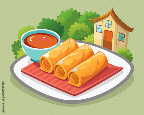 Delicious spring rolls with dipping sauce and asian house