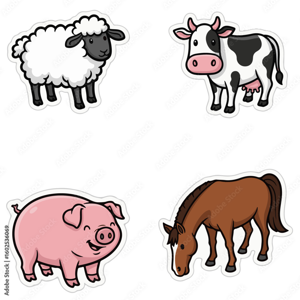 Fototapeta premium Adorable Cartoon Farm Animals Sticker Set