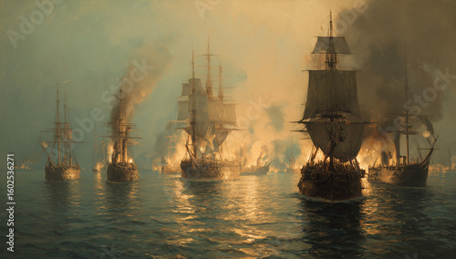 Wallpaper Mural Sailing Ships in a Naval Battle During Foggy Conditions Torontodigital.ca